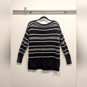 Blue and White Striped Boat Neck Nautical High-Low Sweater Size Small